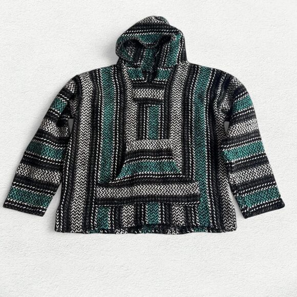 Baja Green, Black and White Hooded Poncho - Picture 1 of 8